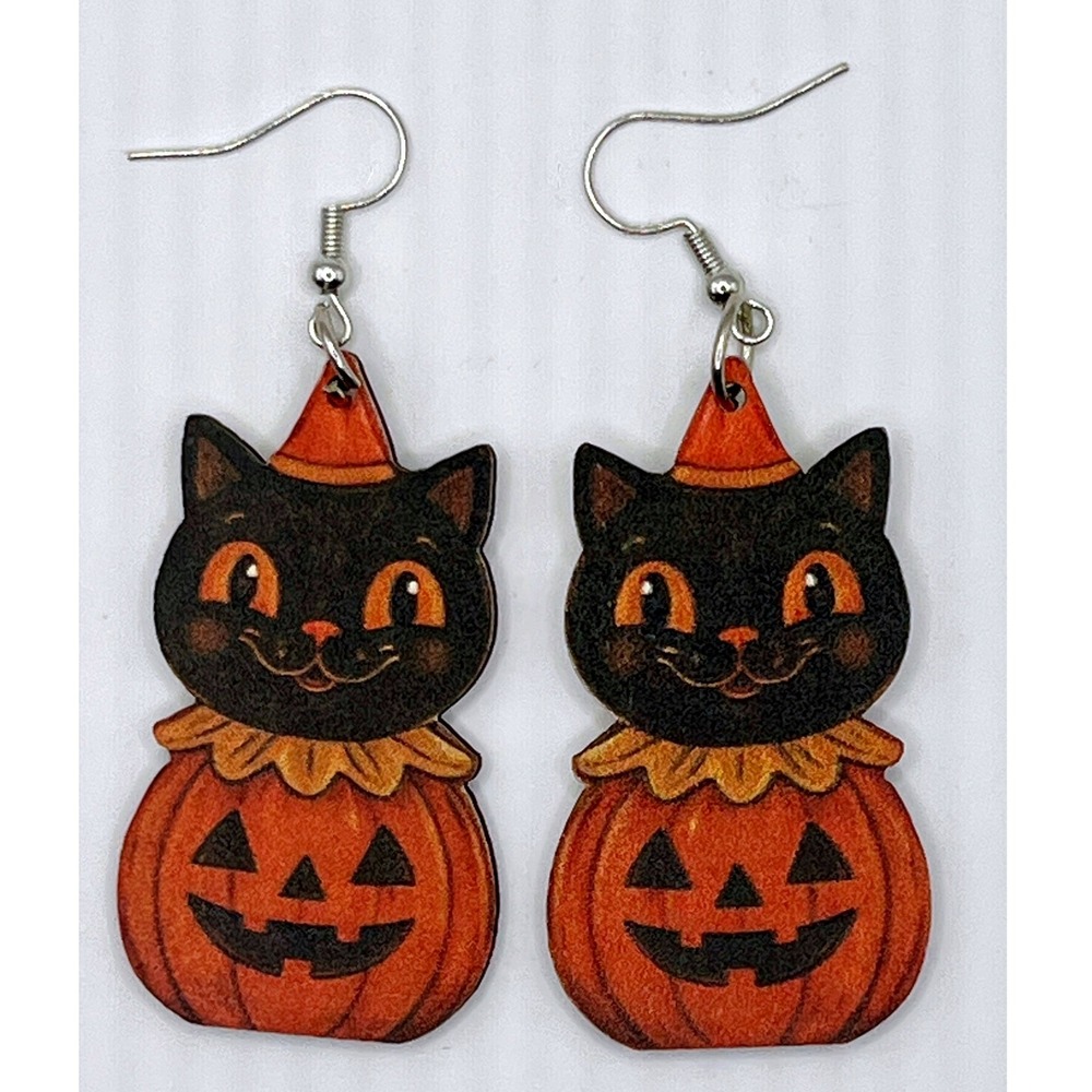 Unbranded Dangle Earrings OS Orange New Halloween Black Cat Pumpkin Retro Style